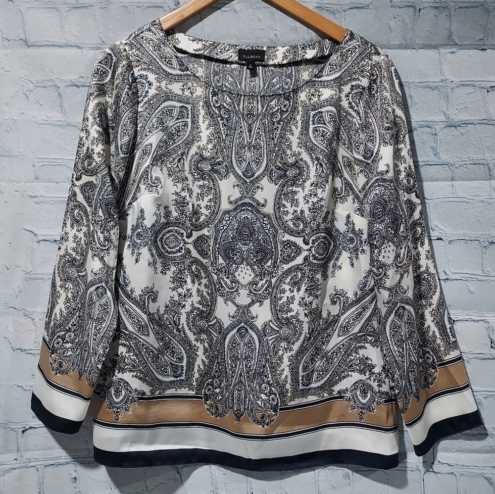Talbots Womens 6 Black White Tan Floral Paisley Blouse Old Money Quite Luxury